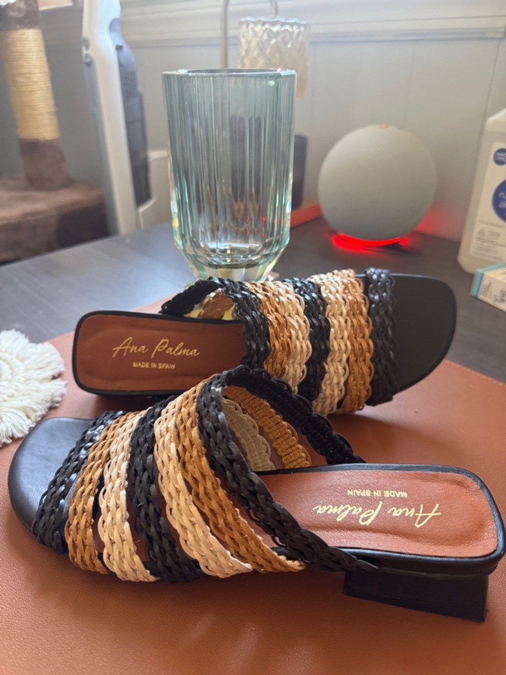 Ana Palama Black & Tan Braided Slide Sandals Size 38